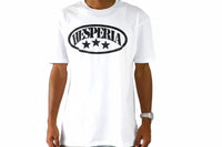 Person wearing a white t-shirt with a logo on a white background